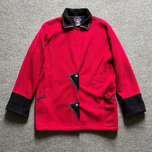 Vintage Red Fleece Button Front Jacket Womens XS Black Collar Polartec Retro 90s - Picture 3 of 16